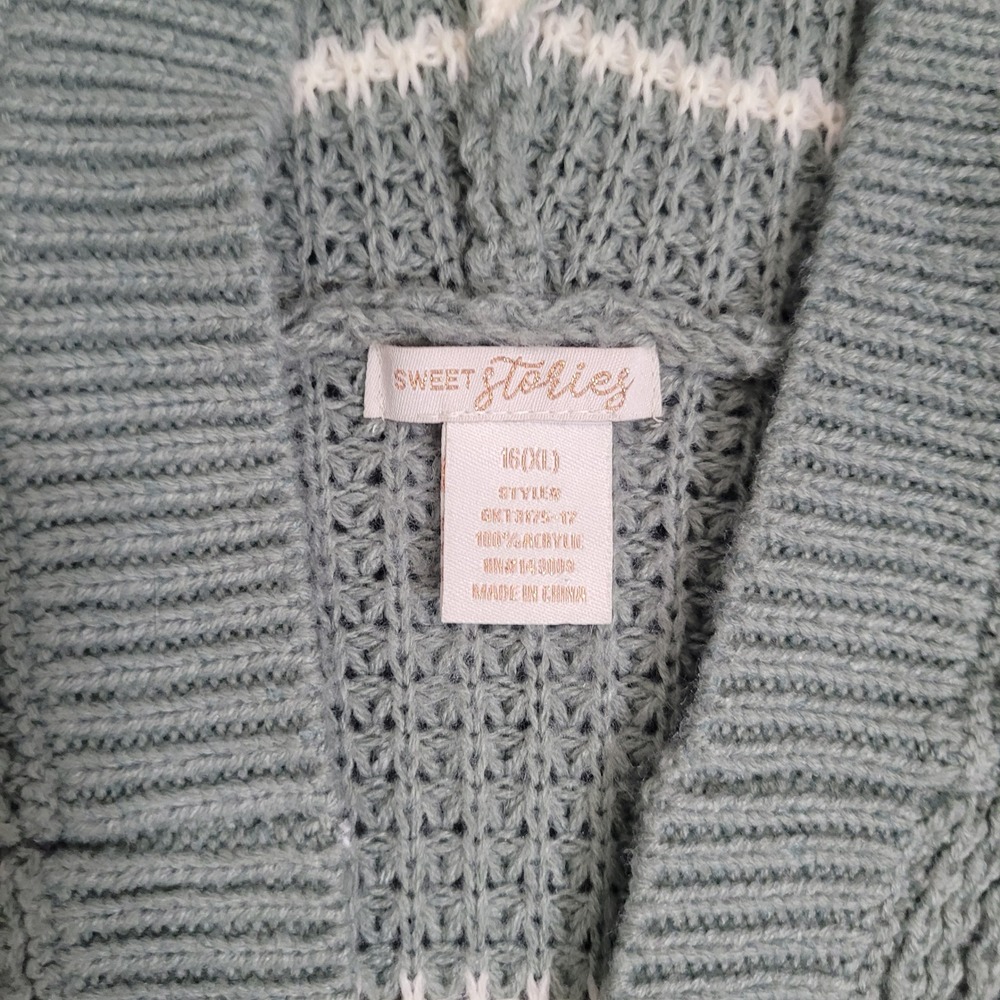 Sweet Stories 16 XL Hooded Cardigan Girls Sage Green Striped Waffle Knit Sweater